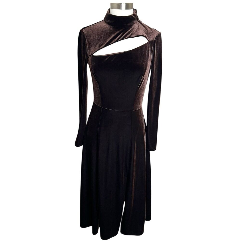Rene Ruiz Collection Velvet Midi Dress Womens 4 Brown Mock Neck Cutout Chest